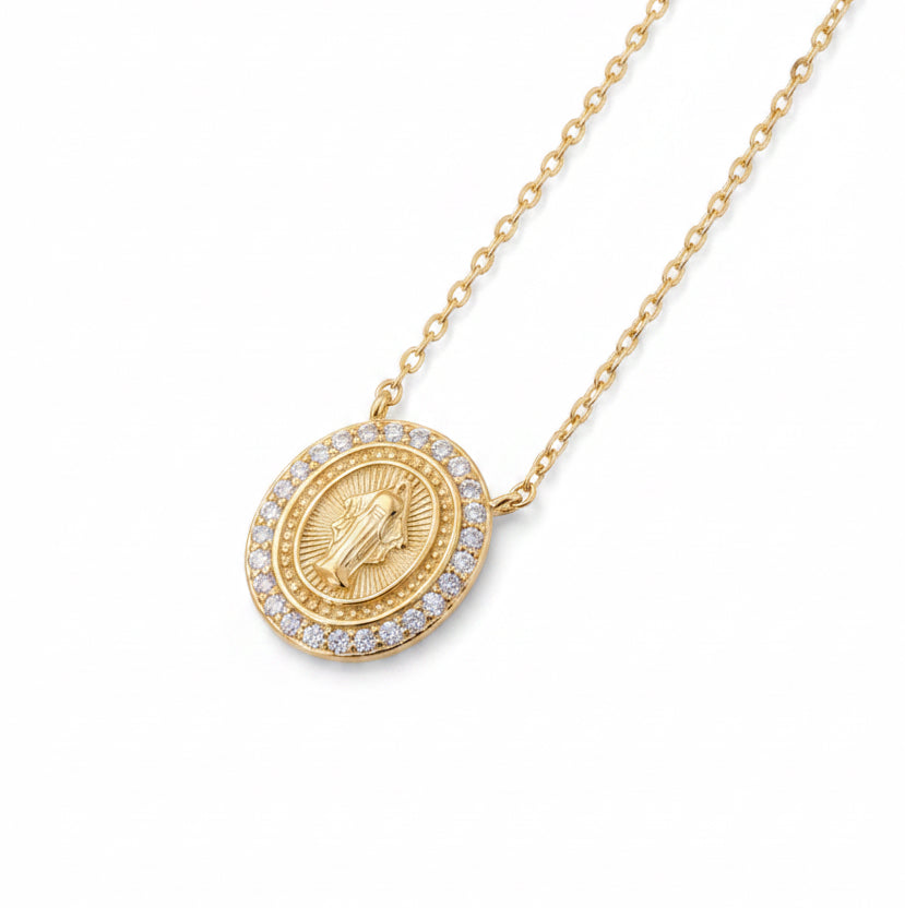 NECKLACE MOISSANITE HALO MIRACLE MEDAL OUR LADY OF GRACE SILVER925