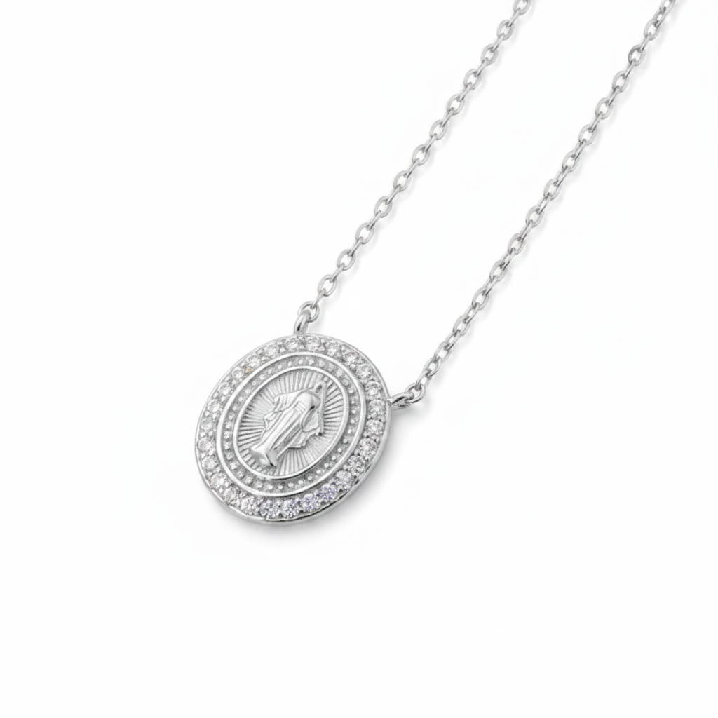 NECKLACE MOISSANITE HALO MIRACLE MEDAL OUR LADY OF GRACE SILVER925