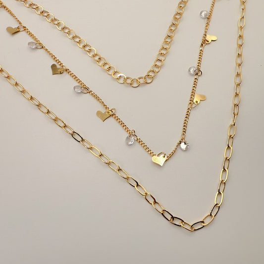 NECKLACE 3in1 CHAINS HEARTS AND CRYSTALS