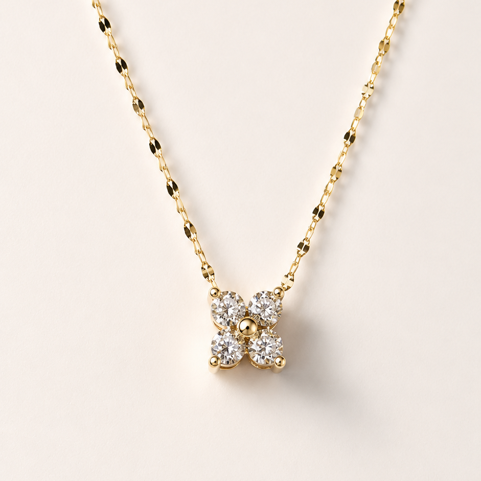 NECKLACE SOLID 14K GOLD WITH CLOVER MOISSANITE PENDANT