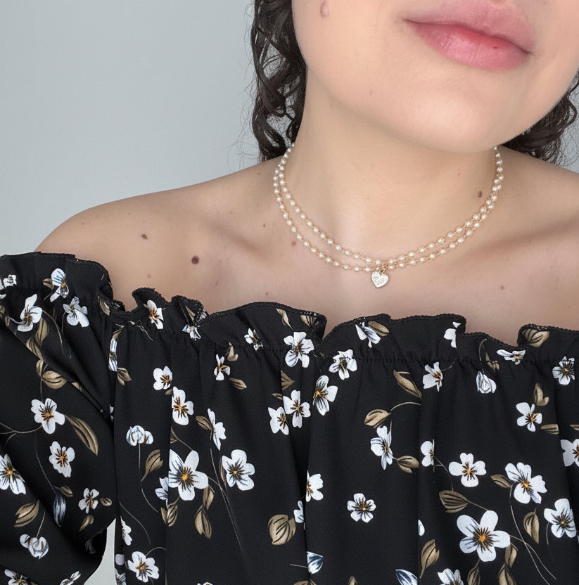 NECKLACE DOUBLE PEARLS WITH HEART PENDANT