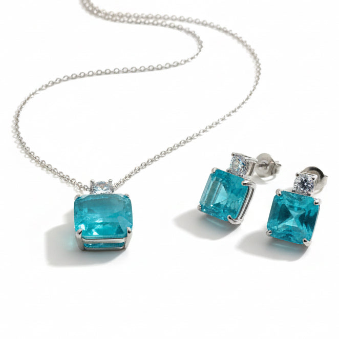 NECKLACE + EARRINGS SET SQUARE BLUE TURQUOISE FUSION CRYSTAL