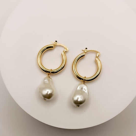 EARRING TUBE HOOPS LARGE BAROQUE PEARL