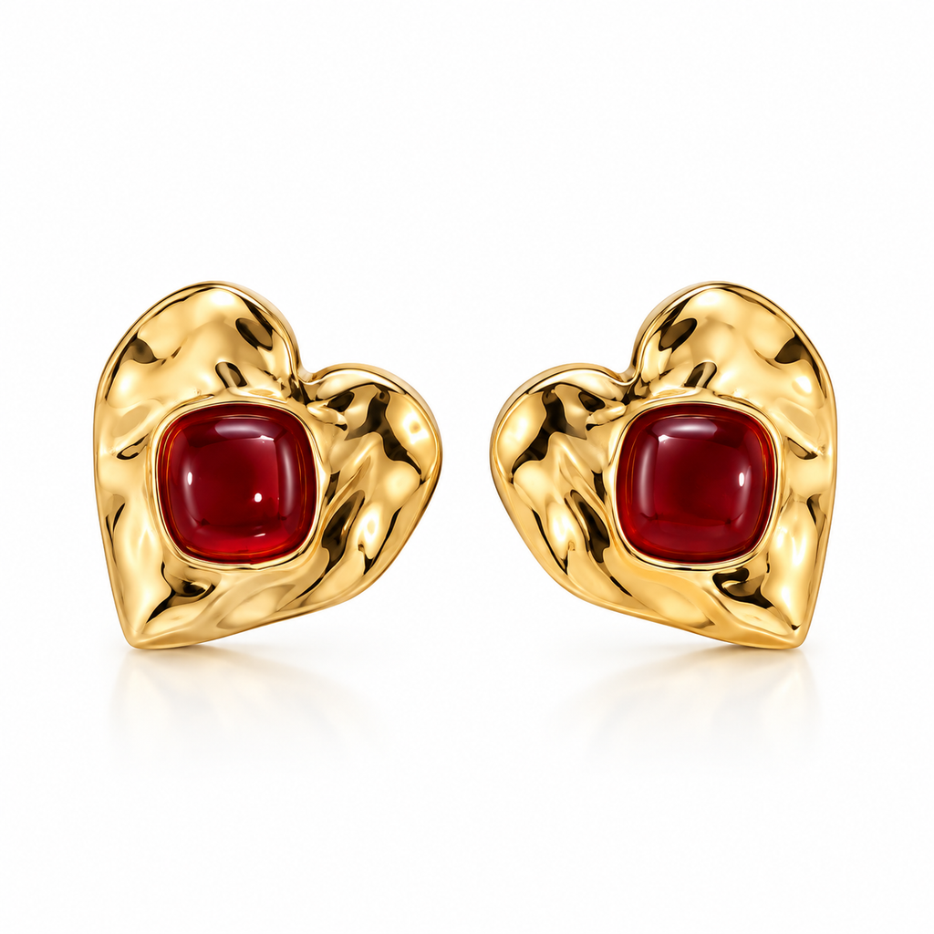 EARRING STUDS LARGE ORGANIC HEART WITH RED RESIN