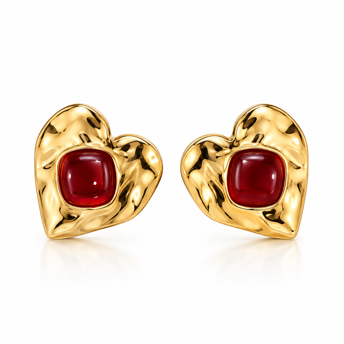 EARRING STUDS LARGE ORGANIC HEART WITH RED RESIN