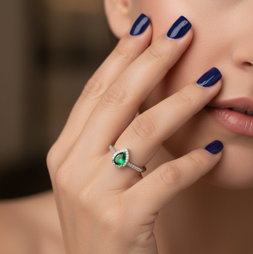 RING TEAR DROP EMERALD GREEN CRYSTAL STUDDED CUBIC ZIRCONIAS