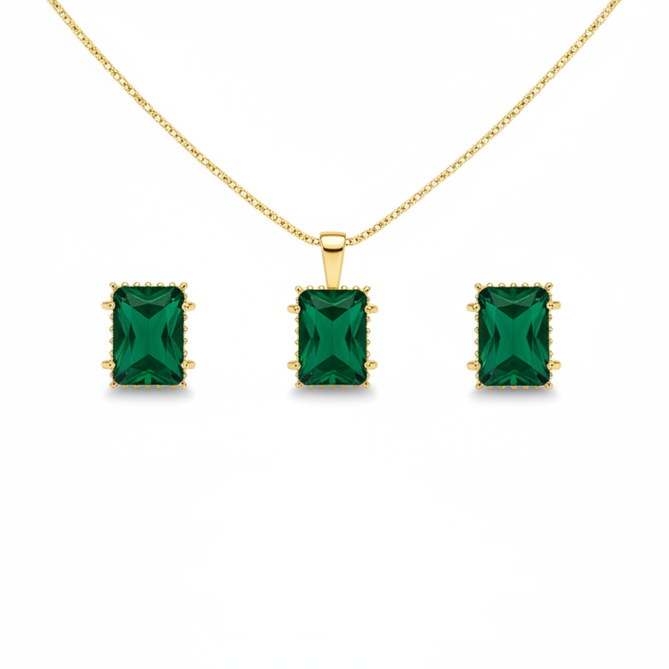 NECKLACE+EARRINGS JEWELRY SET GREEN EMERALD CRYSTAL RECTANGLE 8x6mm