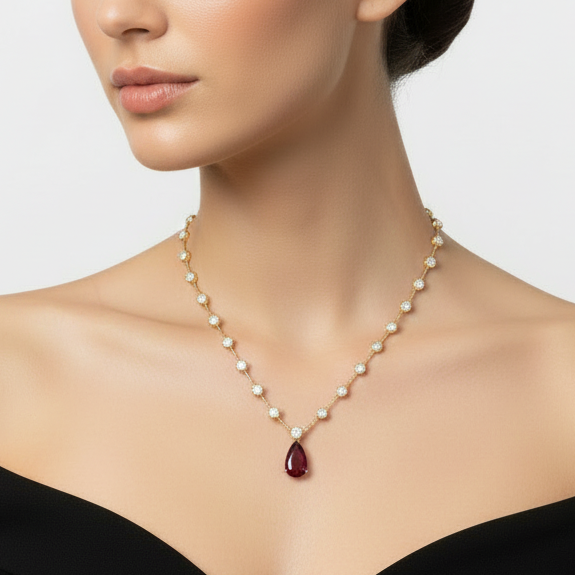 NECKLACE MODERN RIVIERA WITH RUBY RED TEARD DROP CRYSTAL