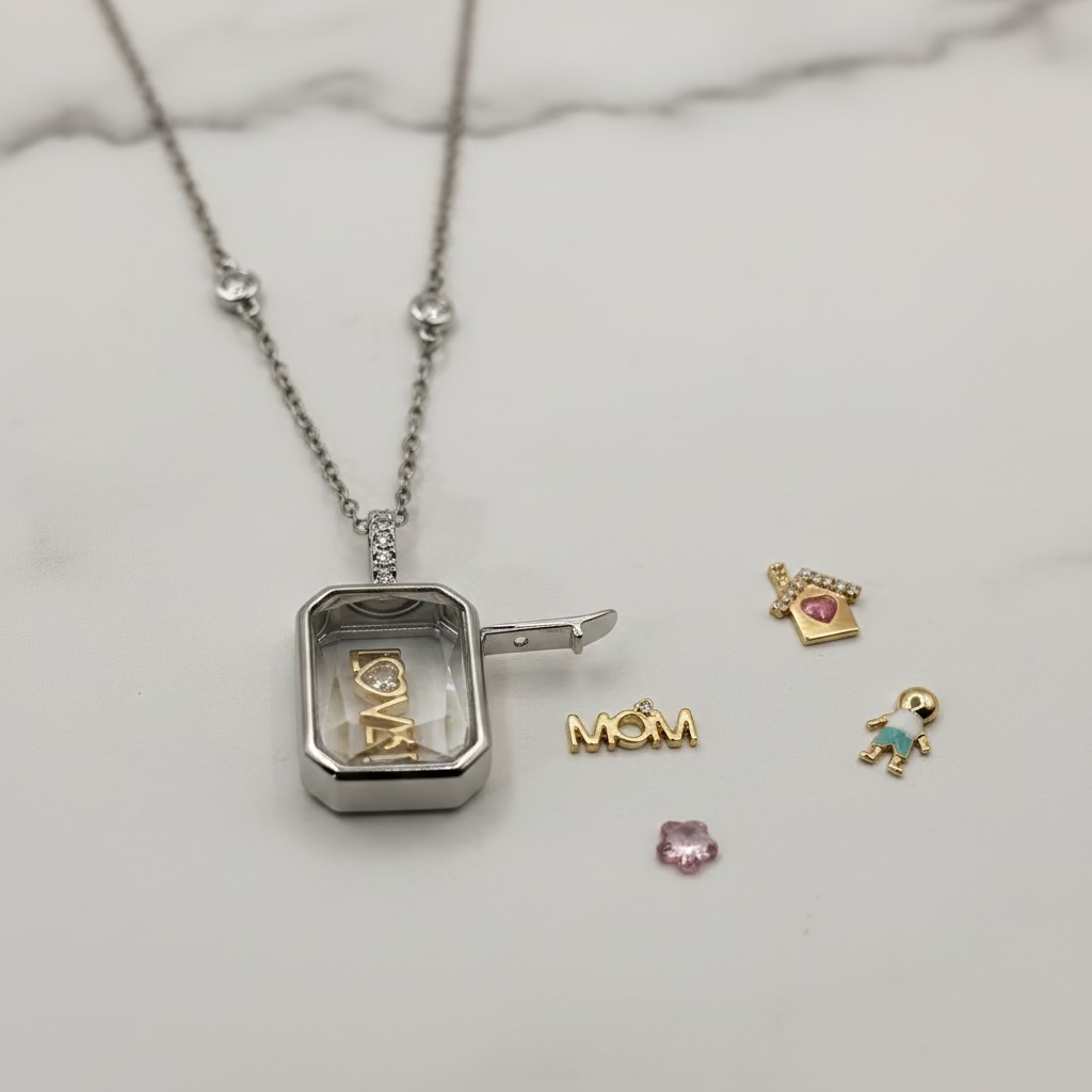 NECKLACE LOCKET GLASS RECTANGLE BOX SILVER