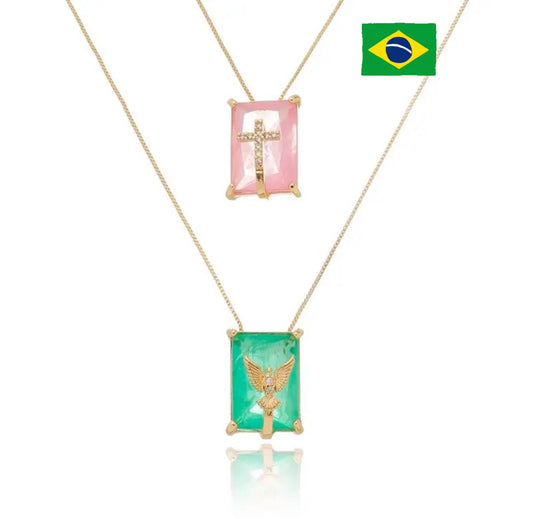 SCAPULAR NECKLACE HOLY SPIRIT/CROSS PINK AND GREEN FUSION CRYSTAL