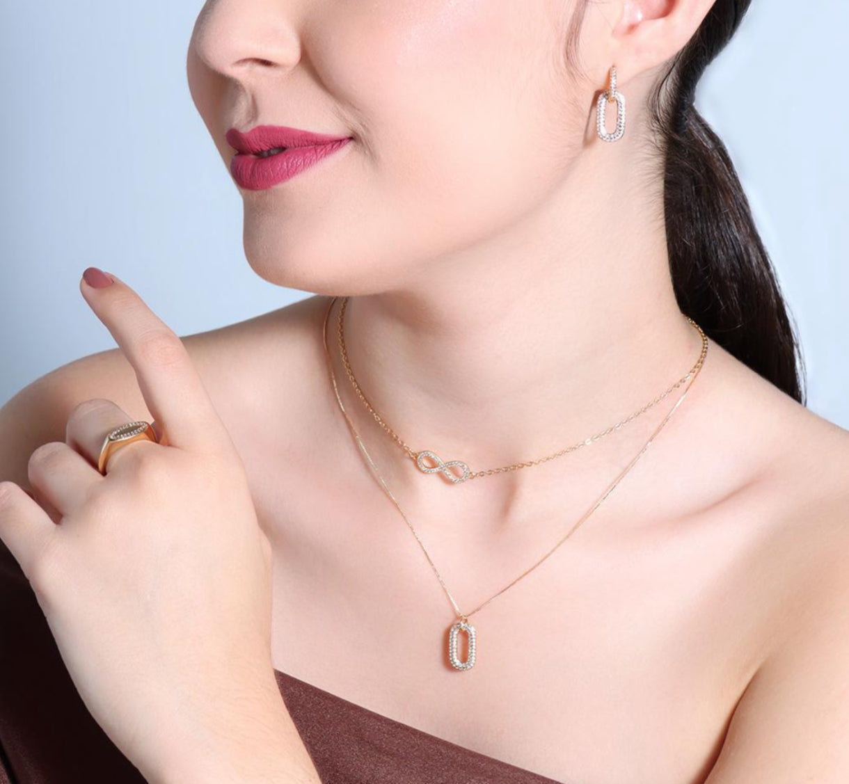 NECKLACE + EARRINGS OVAL LINK STUDDED CZ