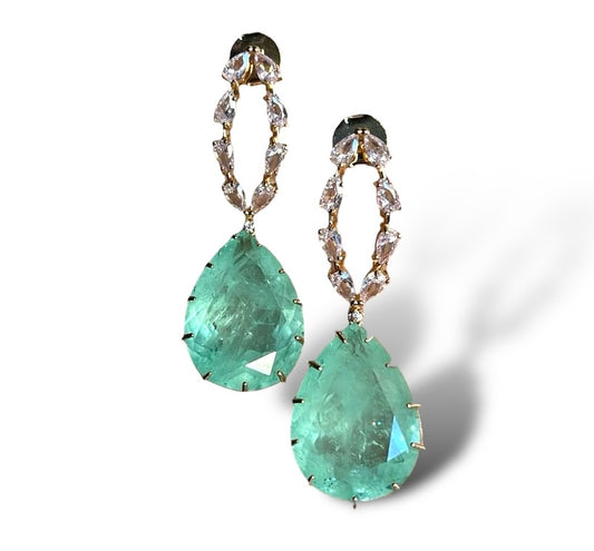 EARRING LARGE TEAR DROP FUSION AQUA WITH OVAL CRYSTALS