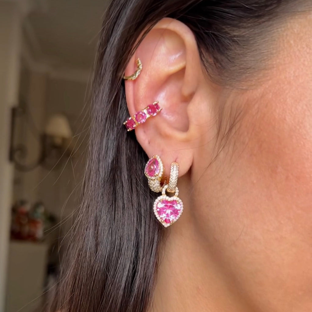 EARRING HOOPS HEART PENDANT PINK CUBIC ZIRCONIA