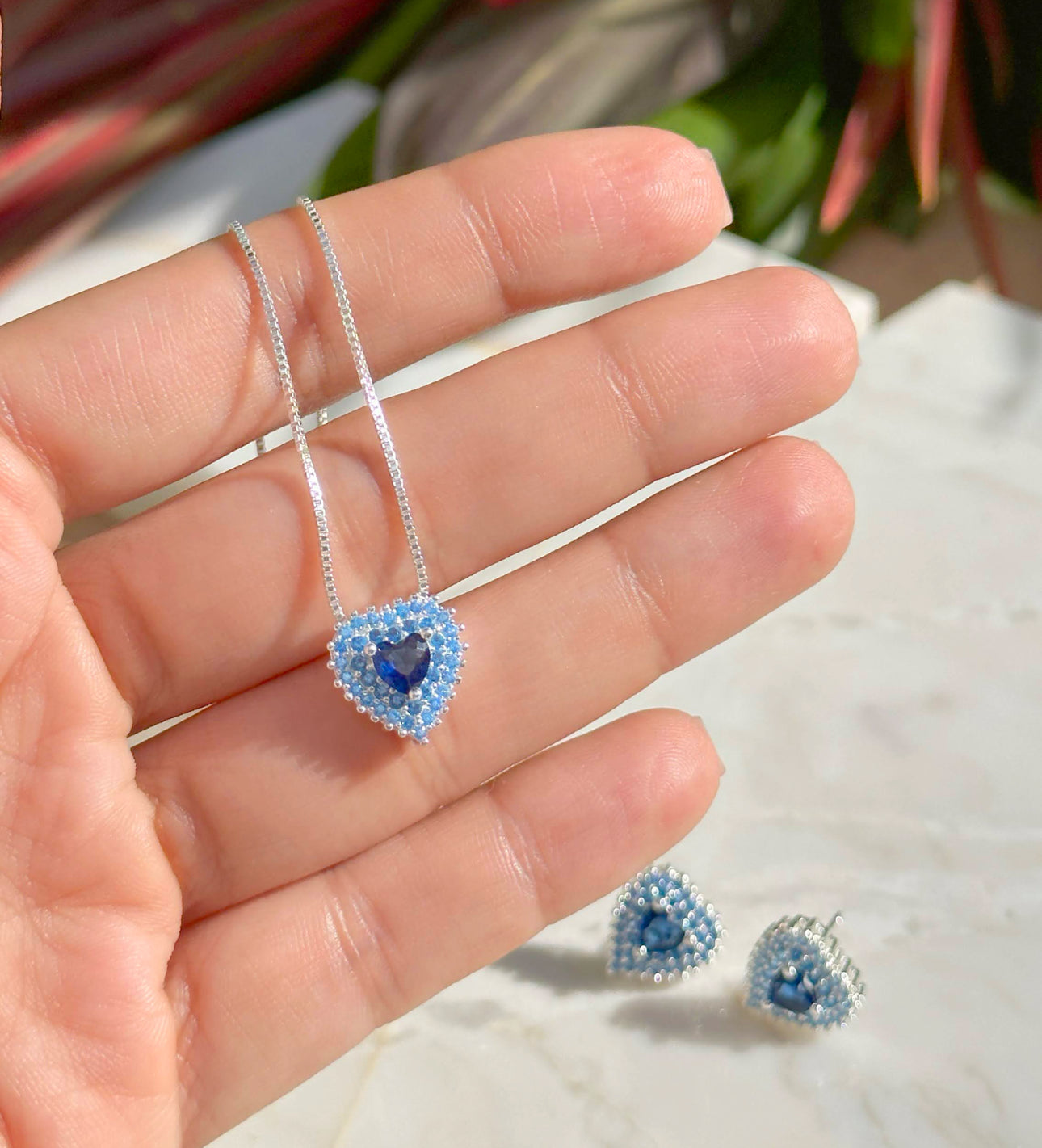 NECKLACE + EARRING SET HEART BLUE SAPPHIRE CRYSTALS