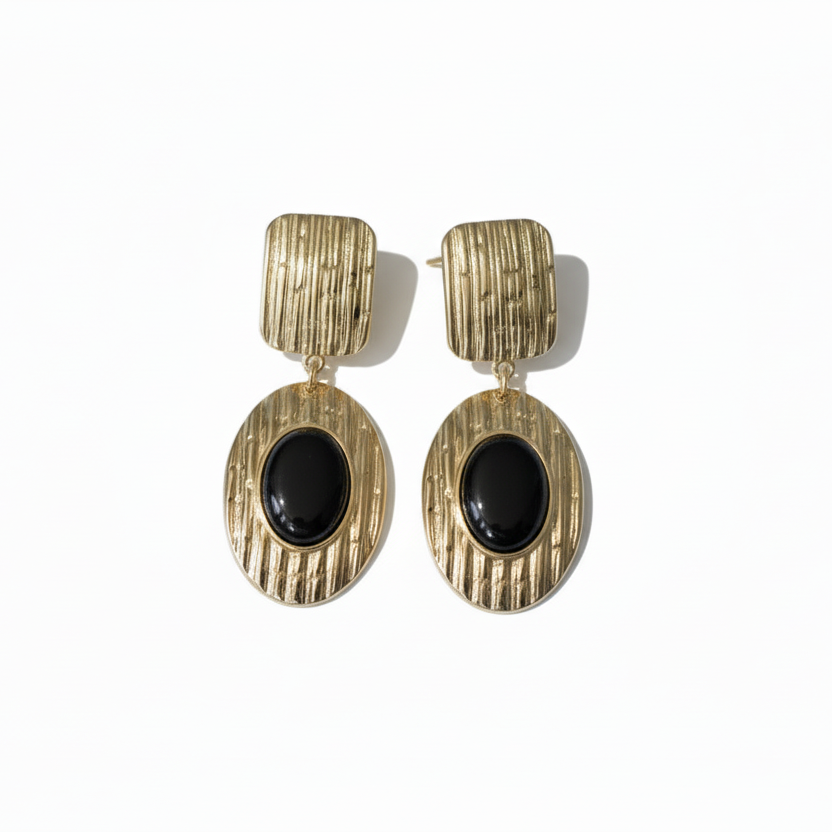 EARRINGS SQUARE OVAL TEXTURED BLACK RESIN