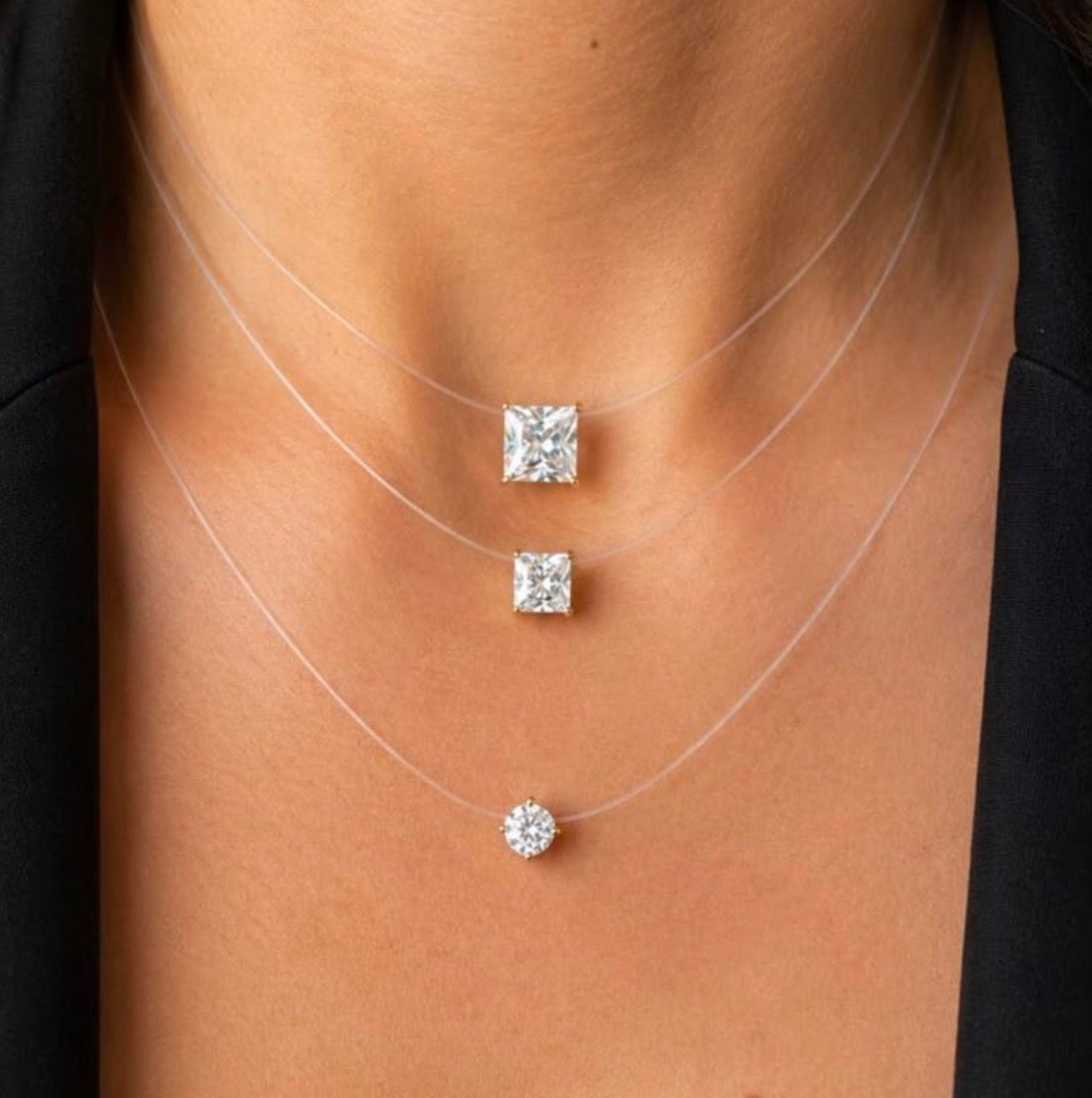 NECKLACE NYLON STRING SQUARE CUBIC ZIRCONIA 8X8MM