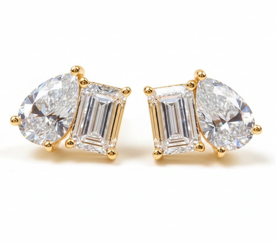 EARRING STUDS TEAR DROP + EMERALD CUT CUBIC ZIRCON