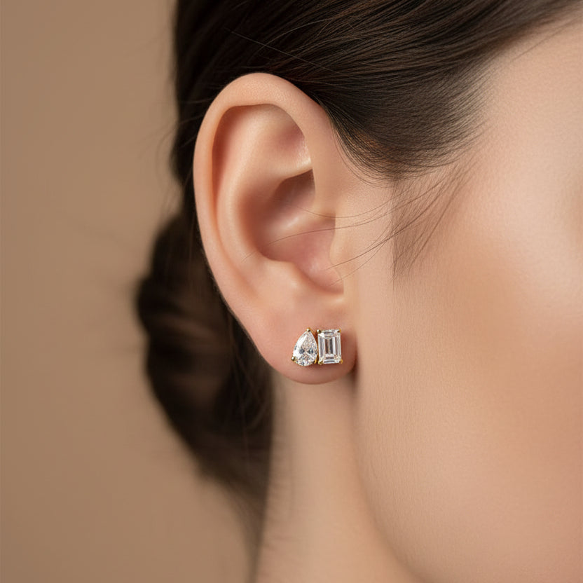 EARRING STUDS TEAR DROP + EMERALD CUT CUBIC ZIRCON