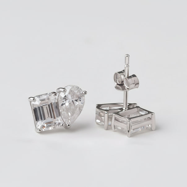 EARRING STUDS TEAR DROP + EMERALD CUT CUBIC ZIRCON