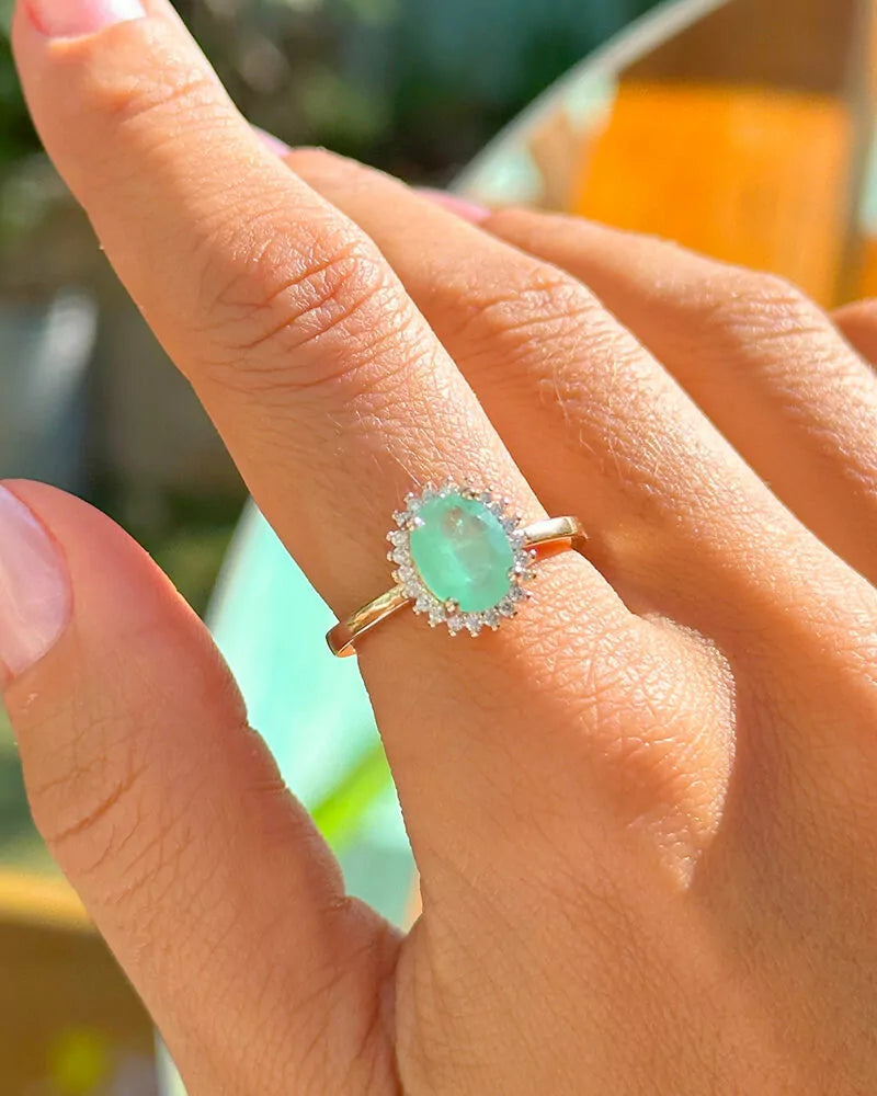 RING OVAL EMERALD GREEN FUSION CRYSTAL STUDDED CUBIC ZIRCON