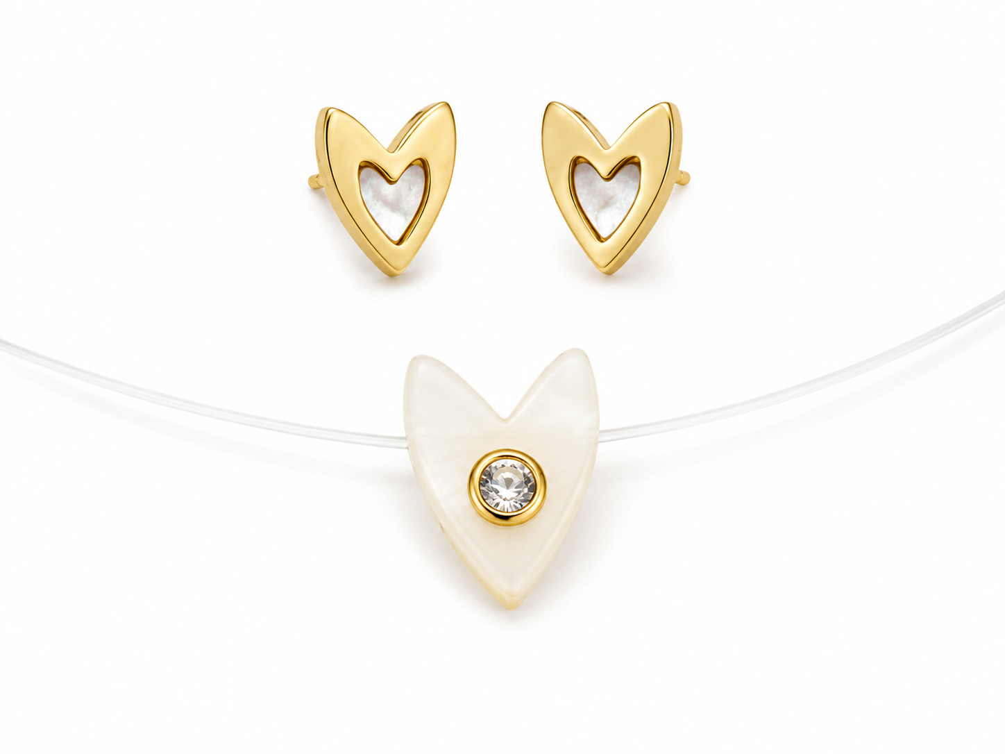EARRINGS + NECKLACE SET NYLON STRING HEART MOTHER OF PEARL