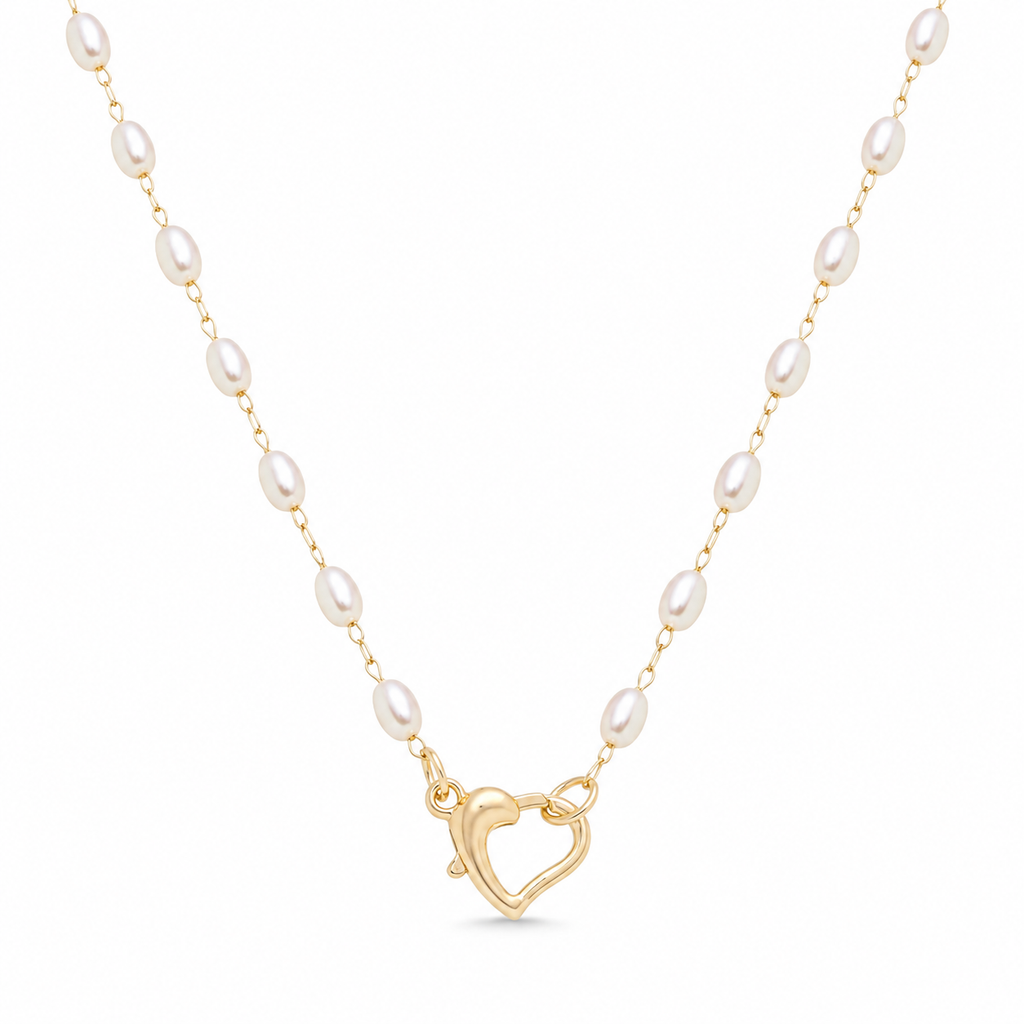 NECKLACE RICE SHAPE PEARLS HEART FRONT CLASP