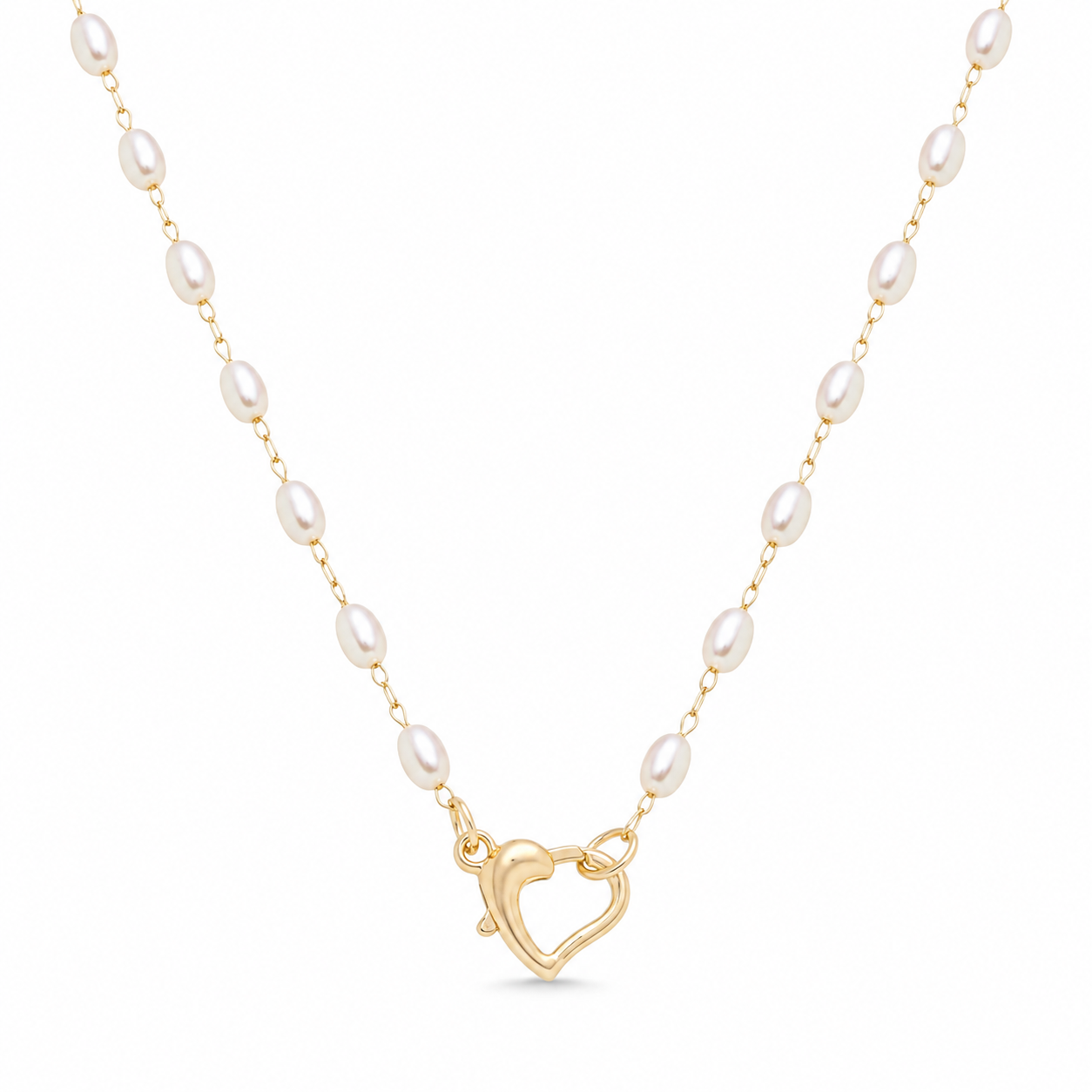 NECKLACE RICE SHAPE PEARLS HEART FRONT CLASP