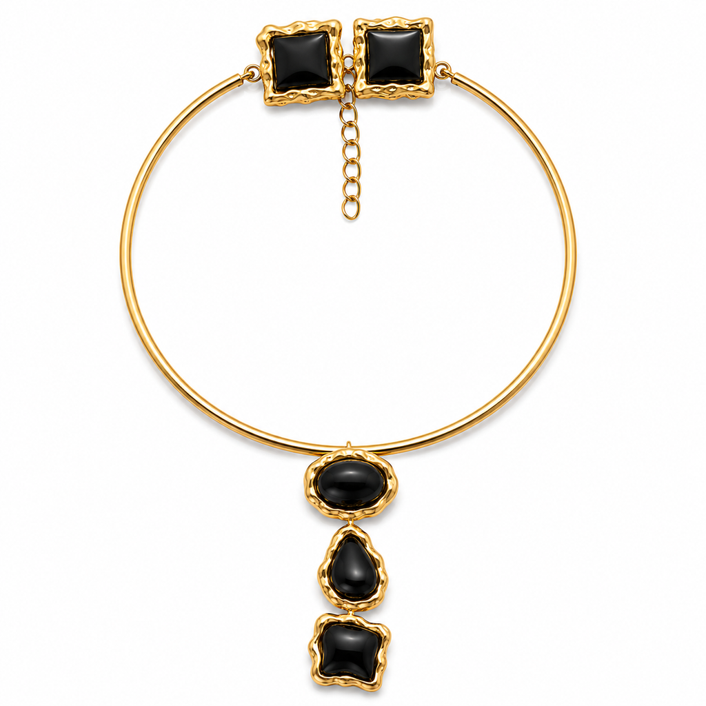 EARRINGS+NECKLACE SET RESIN MARBLE BLACK