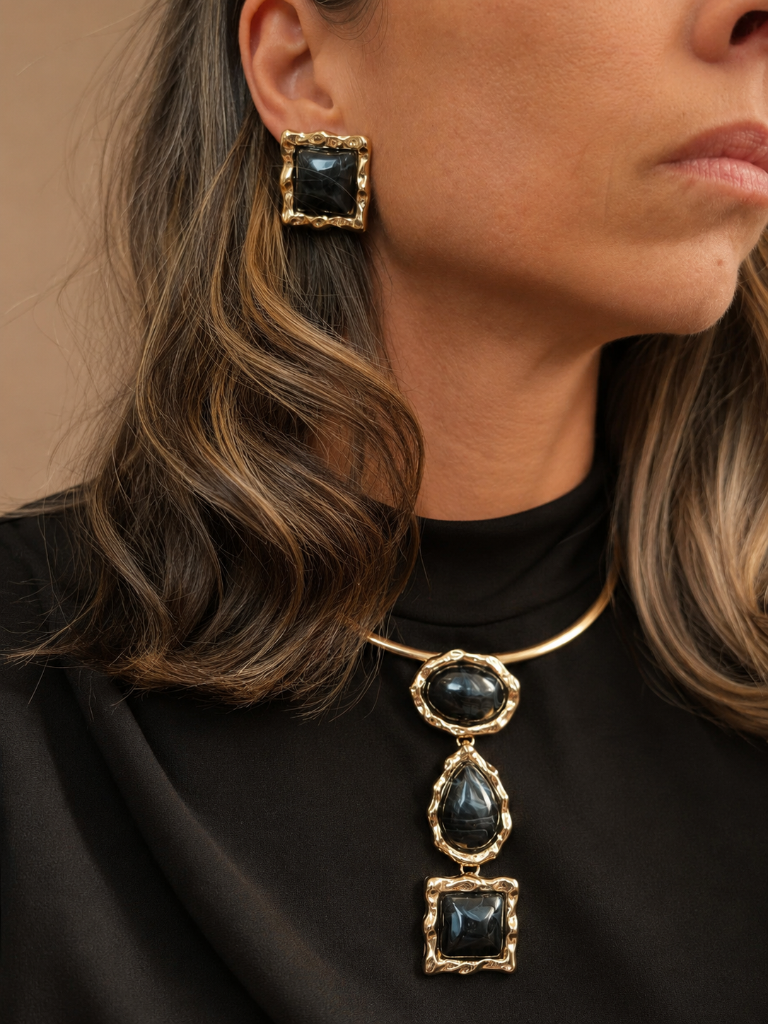 EARRINGS+NECKLACE SET RESIN MARBLE BLACK