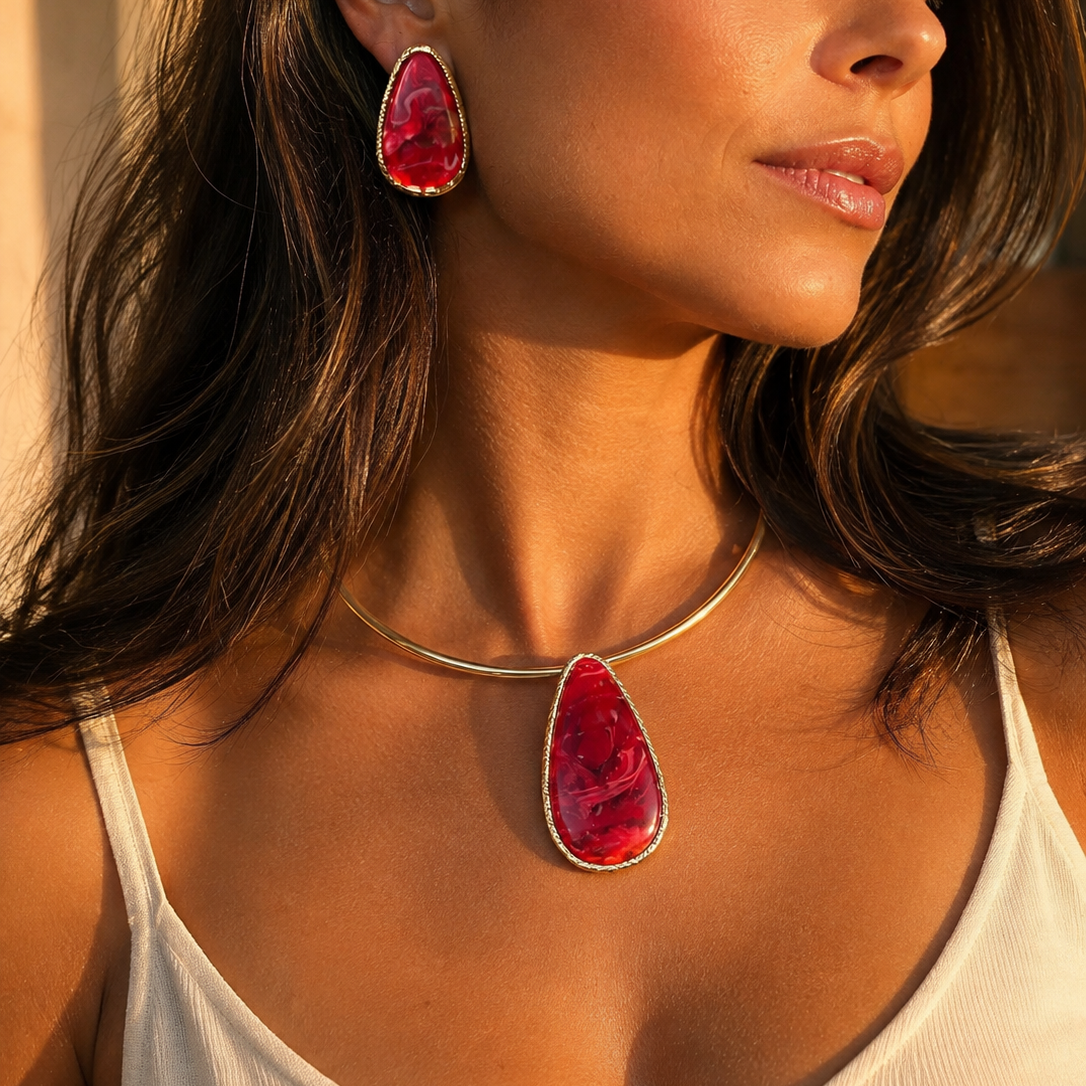 EARRINGS+NECKLACE RESIN RED MARBLE
