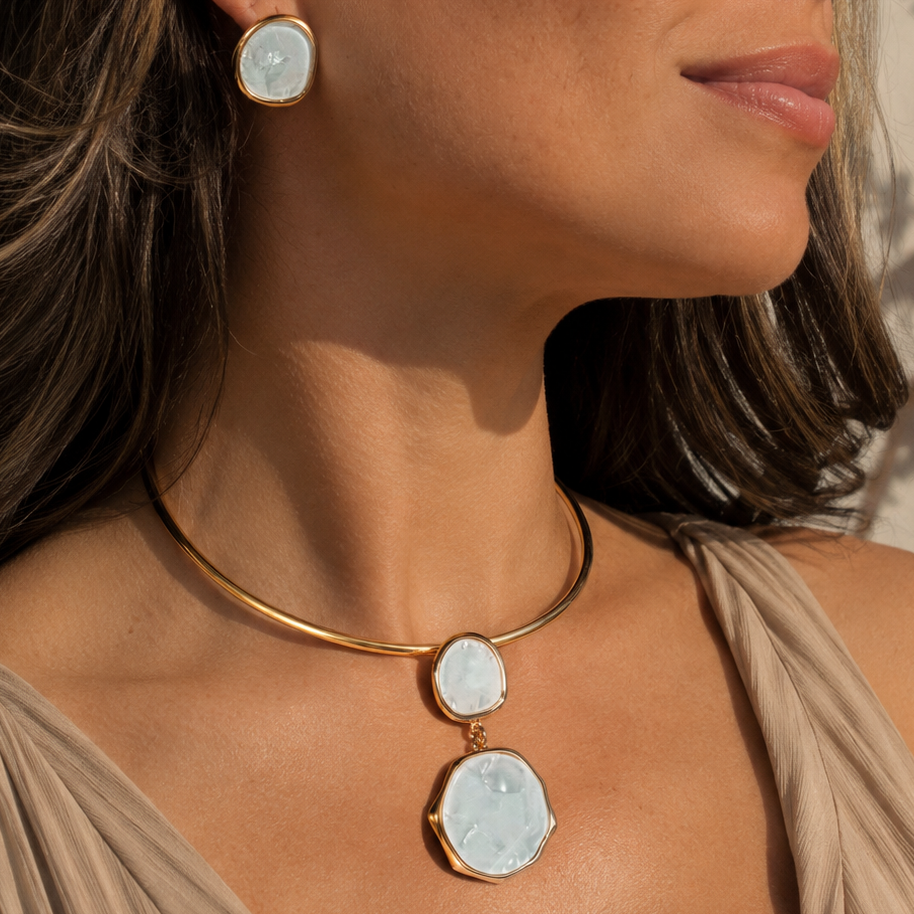 EARRINGS+NECKLACE RESIN ROUND ORGANIC IVORY