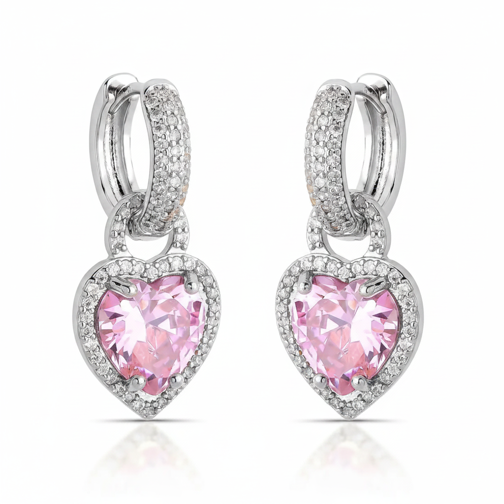 EARRING HOOPS HEART PENDANT PINK CUBIC ZIRCONIA