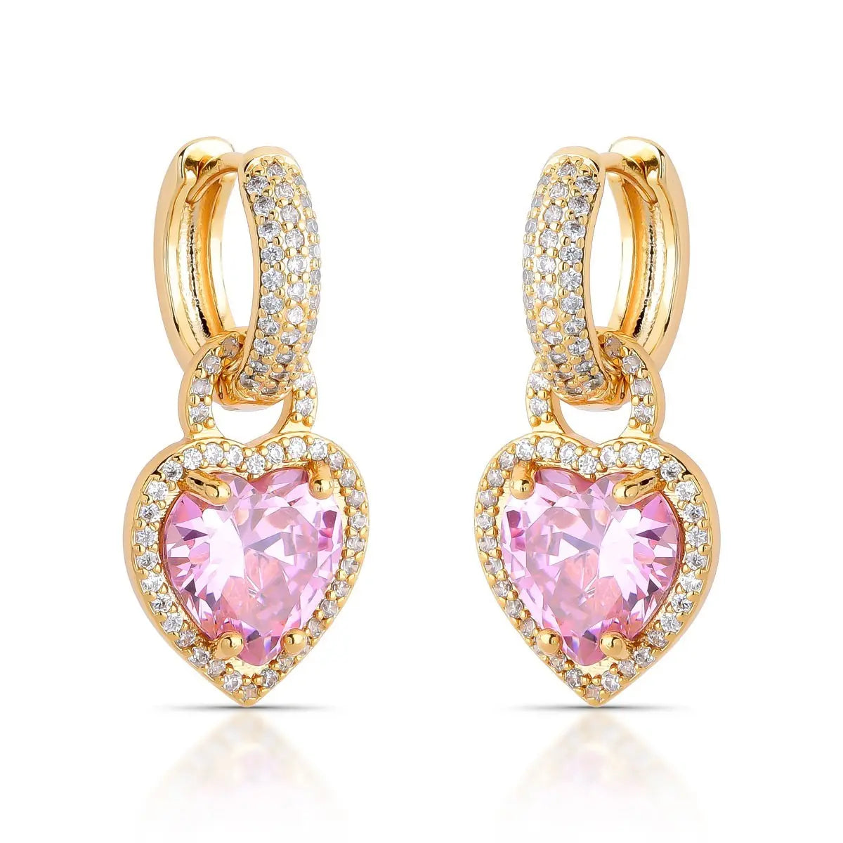 EARRING HOOPS HEART PENDANT PINK CUBIC ZIRCONIA