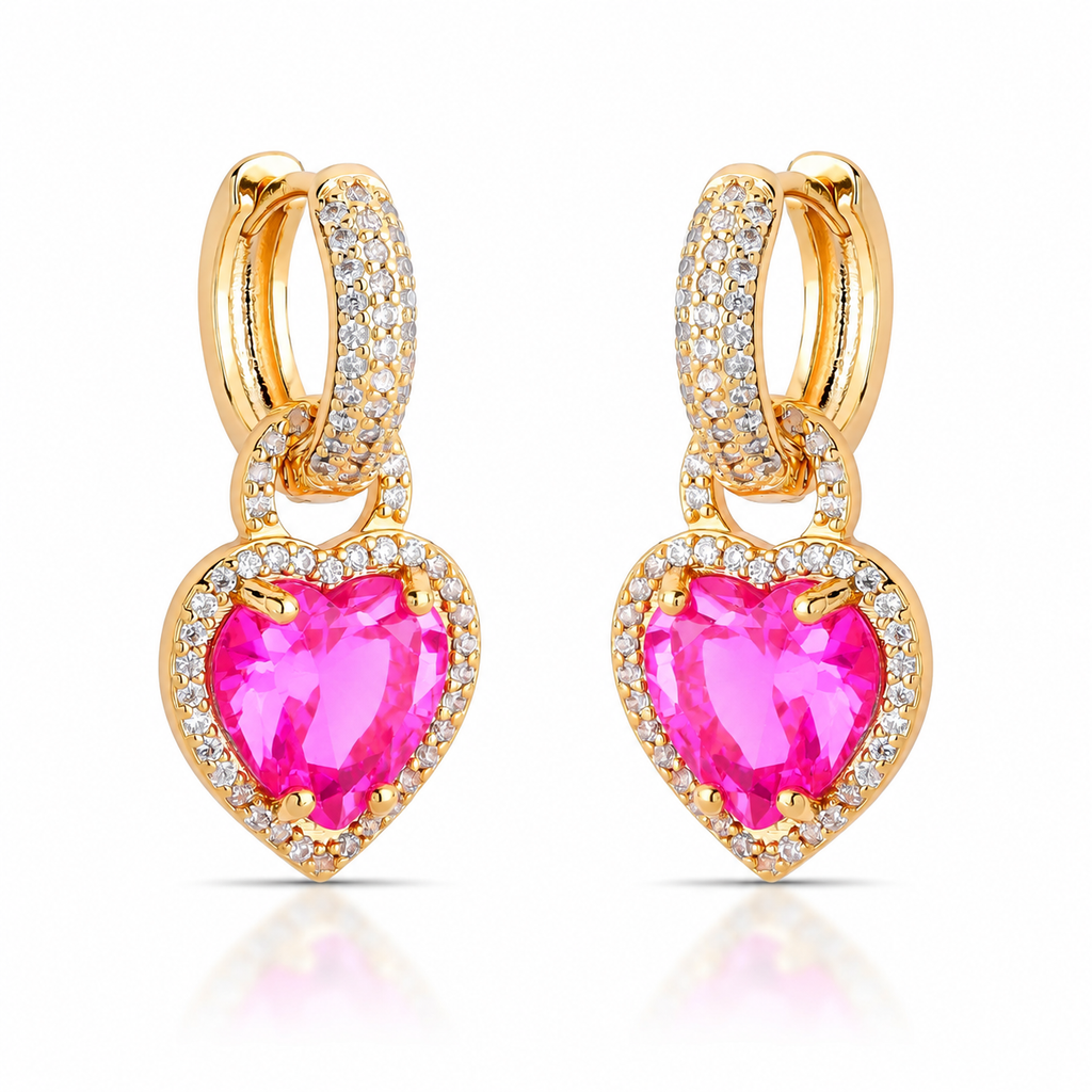 EARRING HOOPS HEART PENDANT PINK CUBIC ZIRCONIA