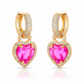 EARRING HOOPS HEART PENDANT PINK CUBIC ZIRCONIA
