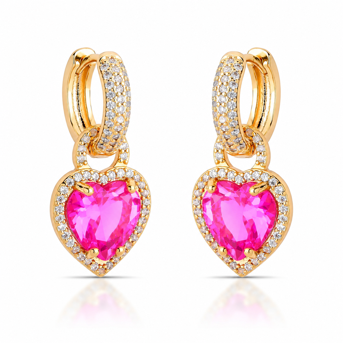 EARRING HOOPS HEART PENDANT PINK CUBIC ZIRCONIA
