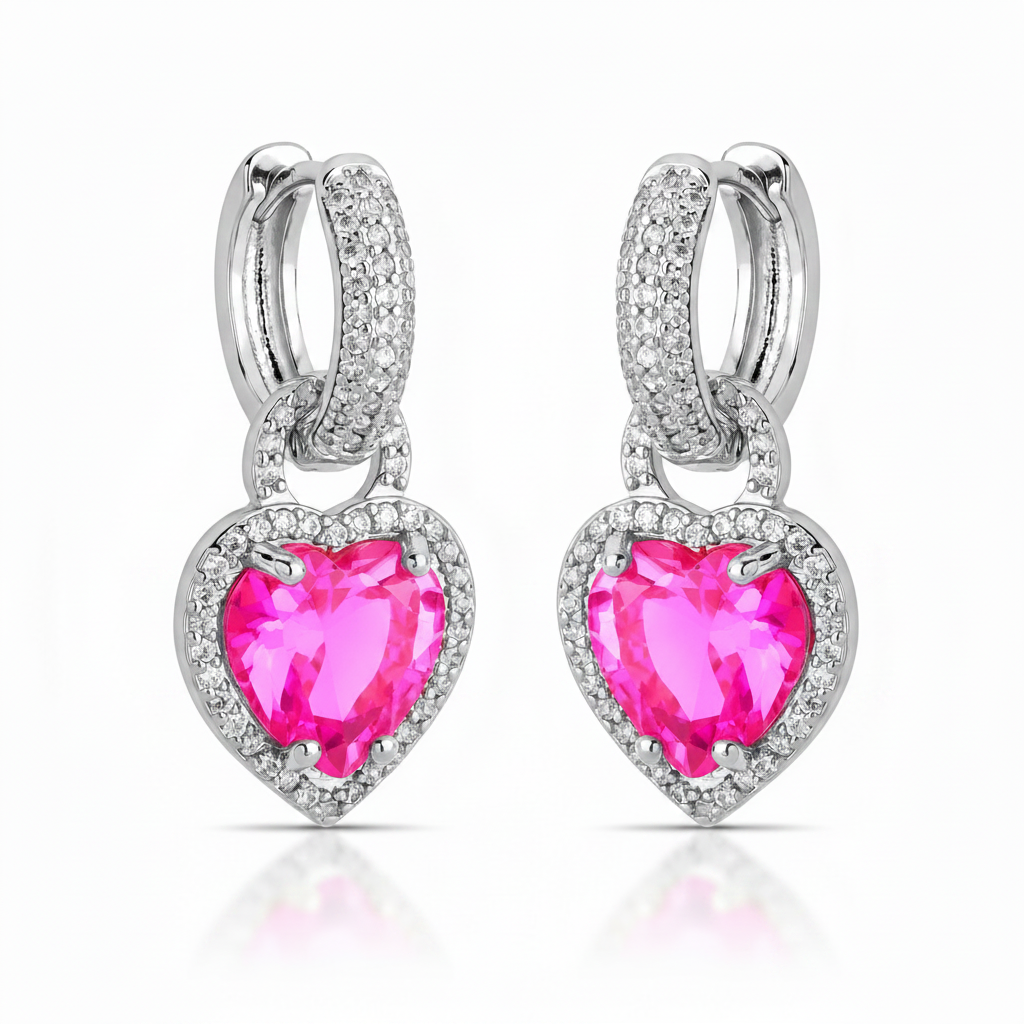 EARRING HOOPS HEART PENDANT PINK CUBIC ZIRCONIA
