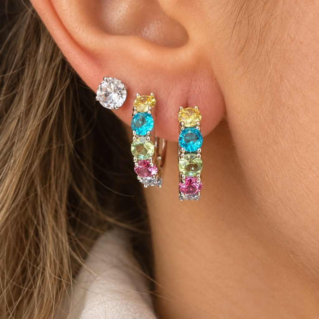 EARRING HUGGIE HOOPS COLORFUL CUBIC ZIRCONIA
