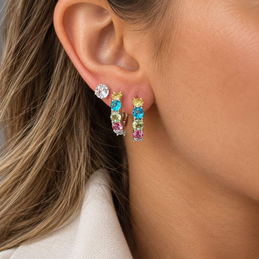 EARRING HUGGIE HOOPS COLORFUL CUBIC ZIRCONIA