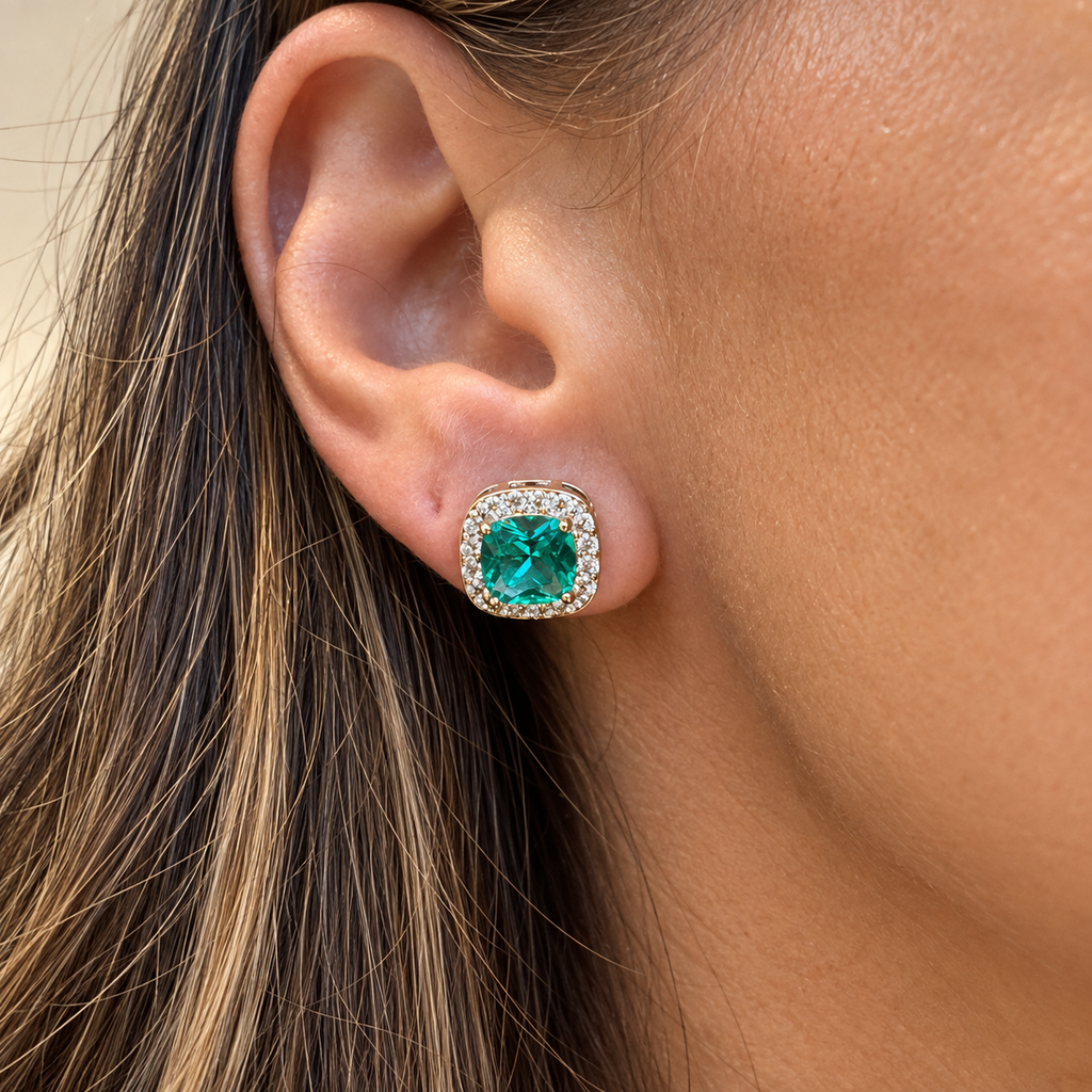 EARRING STUD HALO CUSHION CUBIC ZIRCONIA