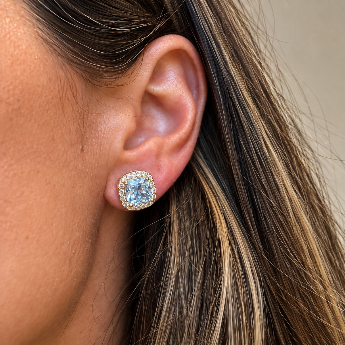 EARRING STUD HALO CUSHION CUBIC ZIRCONIA