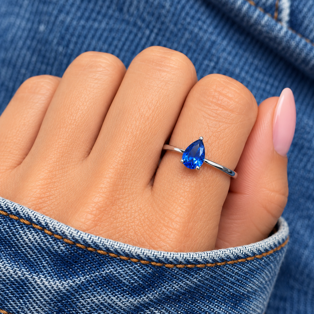 RING MINI TEAR DROP BLUE SAPPHIRE CUBIC ZIRCONIA