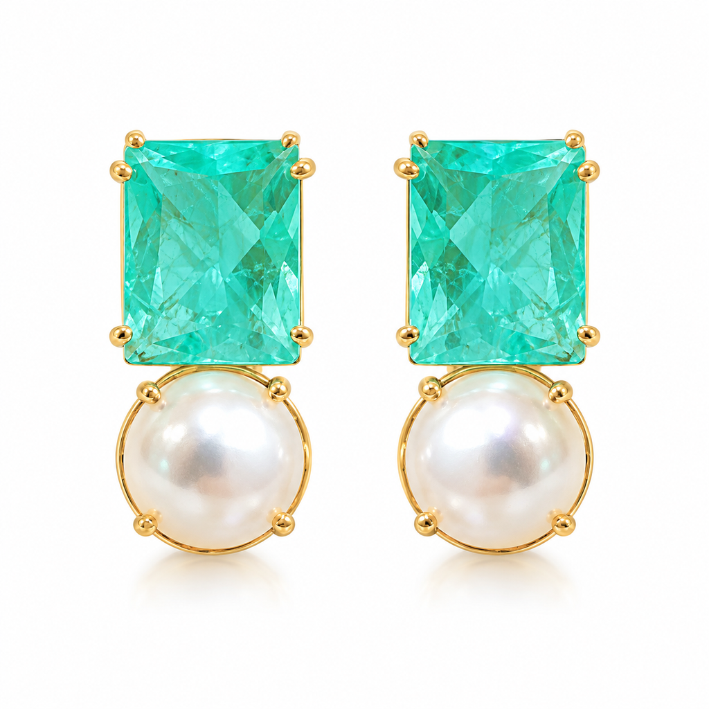 EARRINGS RECTANGLE CRYSTAL FUSION GREEN + PEARL