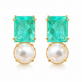EARRINGS RECTANGLE CRYSTAL FUSION GREEN + PEARL