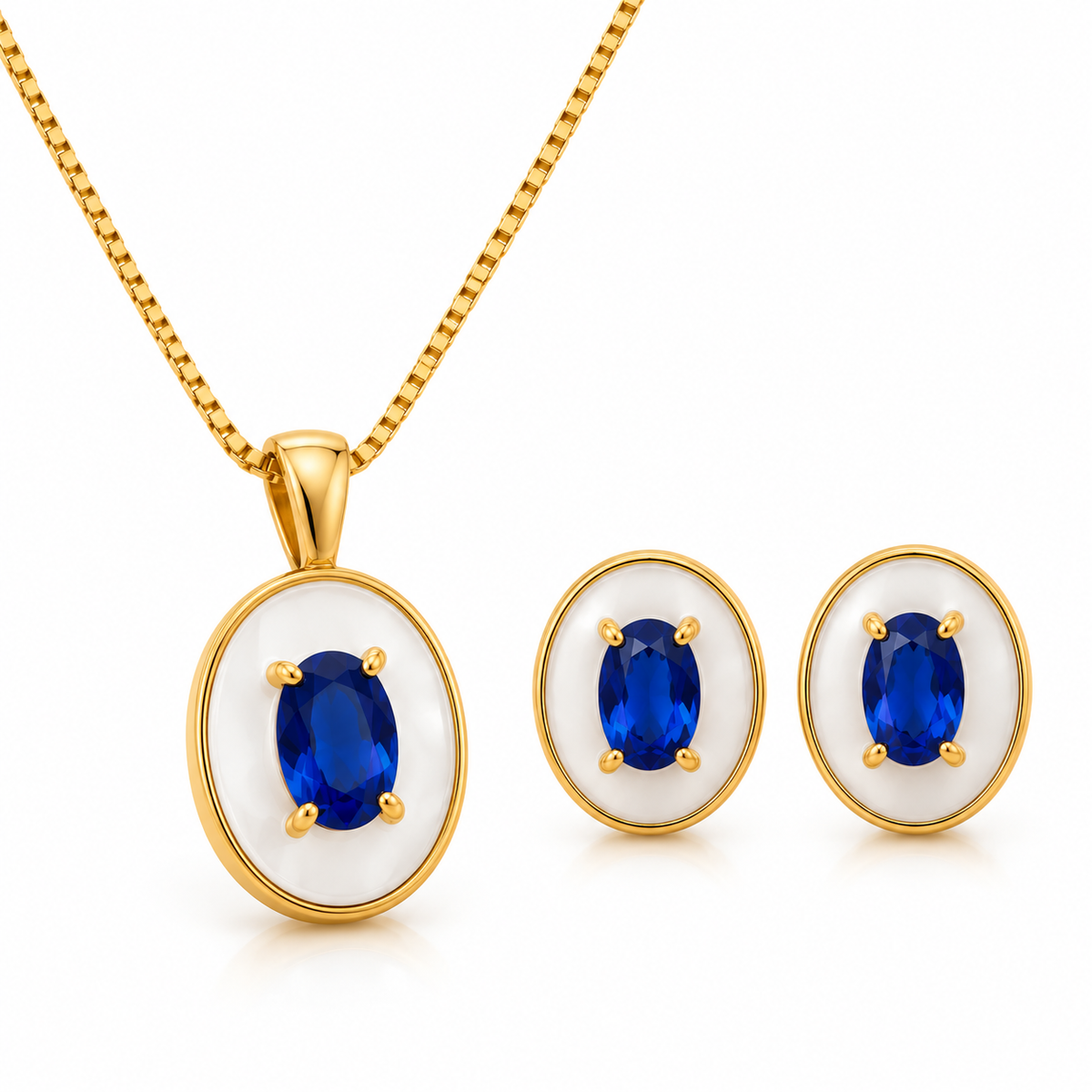 EARRINGS + NECKLACE JEWELRY SET WHITE OVAL ENAMEL + CRYSTAL