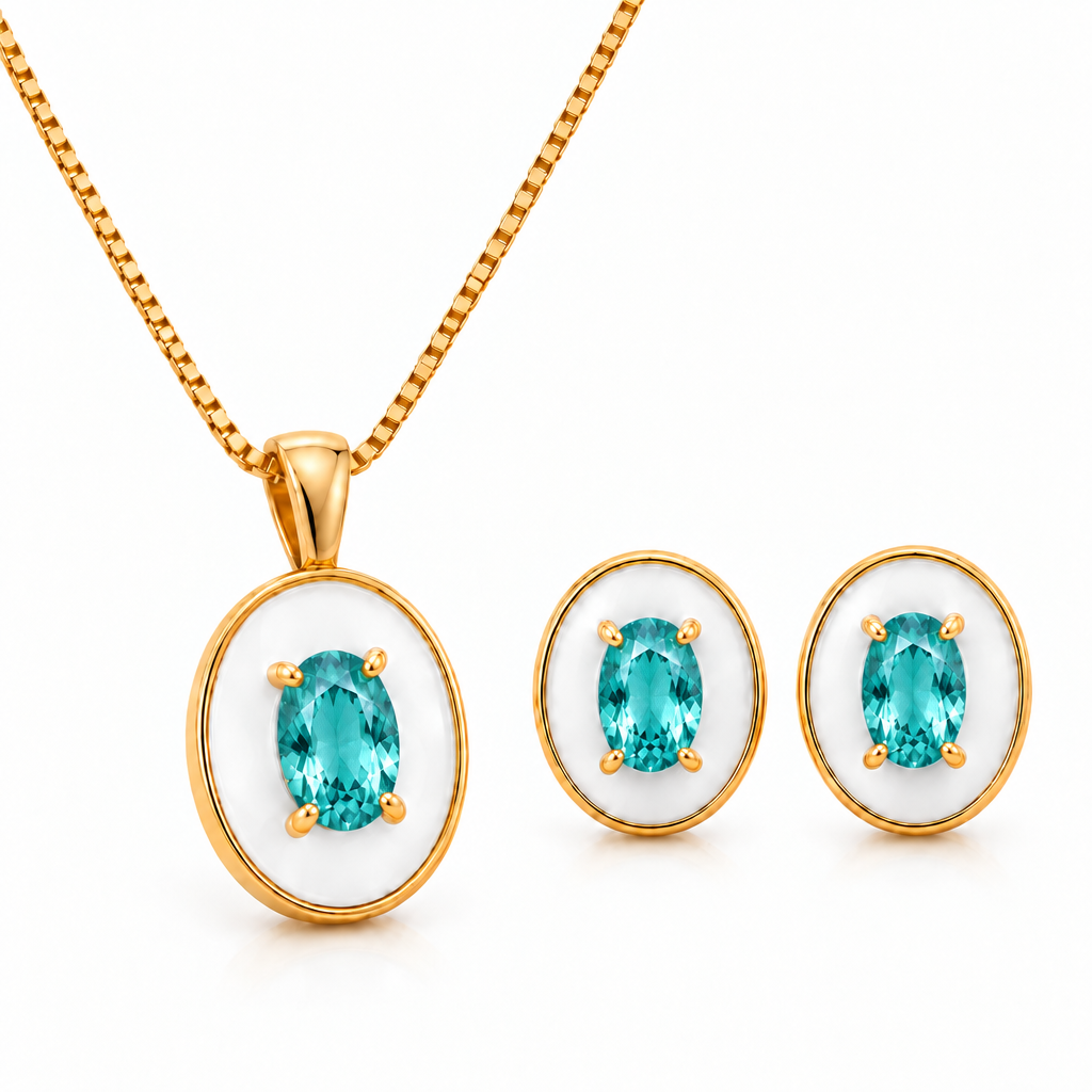 EARRINGS + NECKLACE JEWELRY SET WHITE OVAL ENAMEL + CRYSTAL