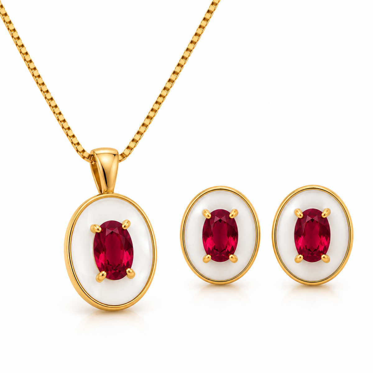 EARRINGS + NECKLACE JEWELRY SET WHITE OVAL ENAMEL + CRYSTAL