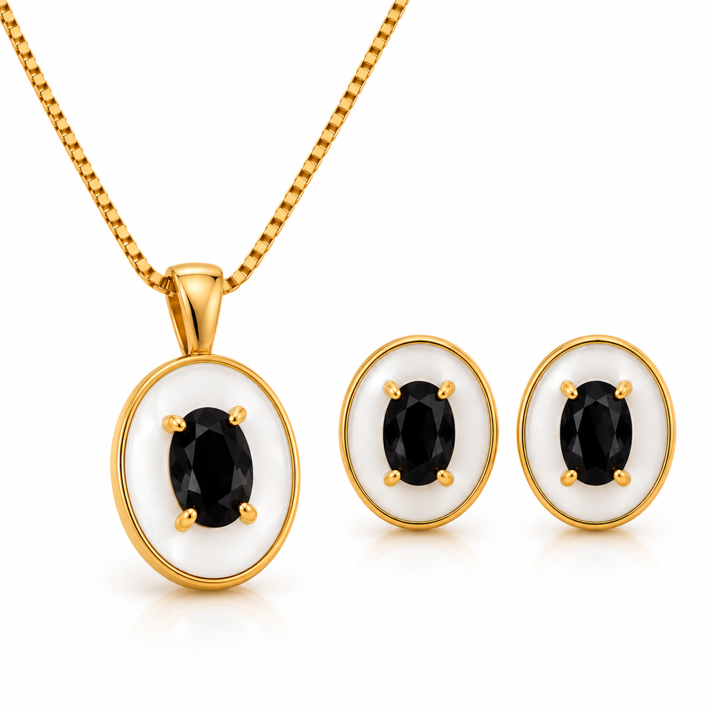 EARRINGS + NECKLACE JEWELRY SET WHITE OVAL ENAMEL + CRYSTAL