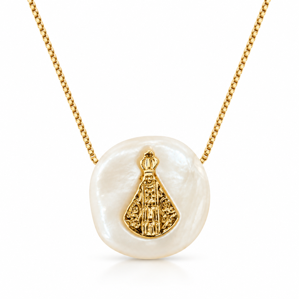 NECKLACE OUR LADY APARECIDA ON PEARL RESIN PENDANT