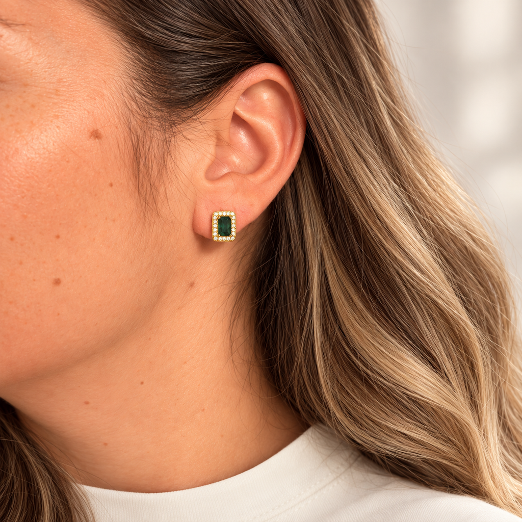 EARRING STUDS EMERALD GREEN HALO